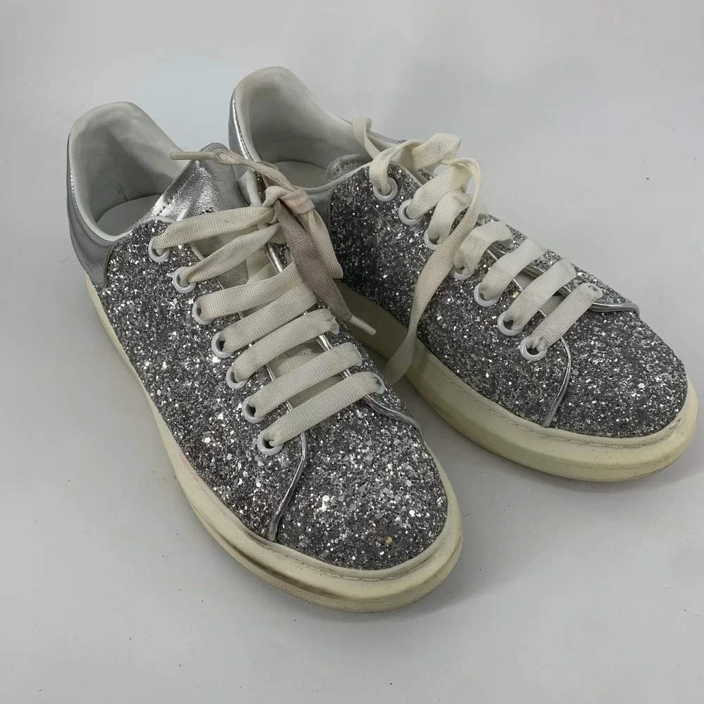 Alexander McQueen Womans 10 Oversized Silver Glitter Platform Sneakers 40